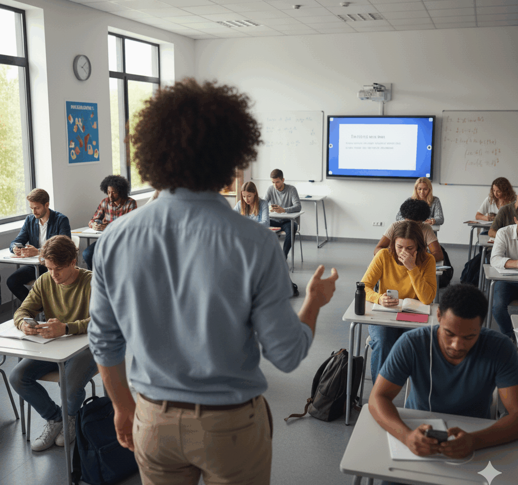 Ilustração com IA colorida que mostra um professor de costas em uma sala de aula diante de alunos que estão de cabeça baixa e usando celular