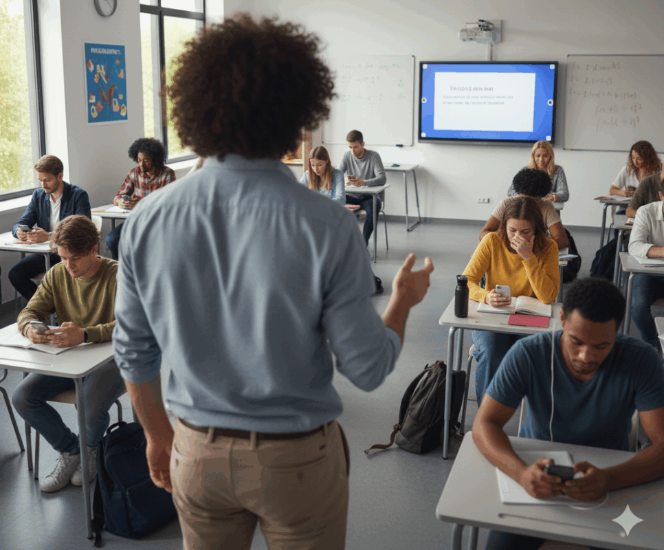 Ilustração com IA colorida que mostra um professor de costas em uma sala de aula diante de alunos que estão de cabeça baixa e usando celular