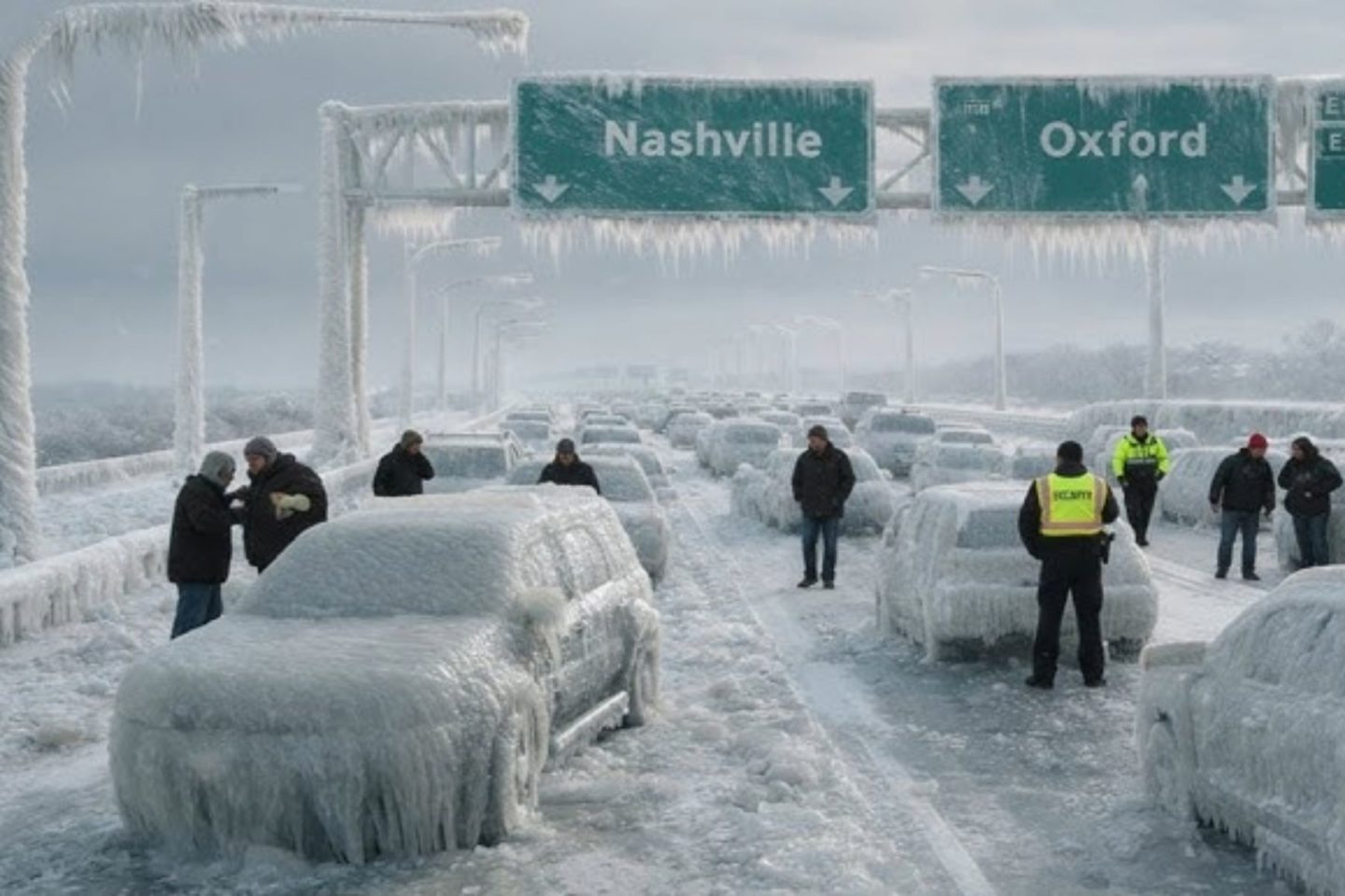 Carros cobertos de neve após tempestade em estrada do Tennessee: nevasca mata ao menos 12 e deixa mais de dois milhões sem energia nos EUA (Foto: Reprodução / ADH Weather)