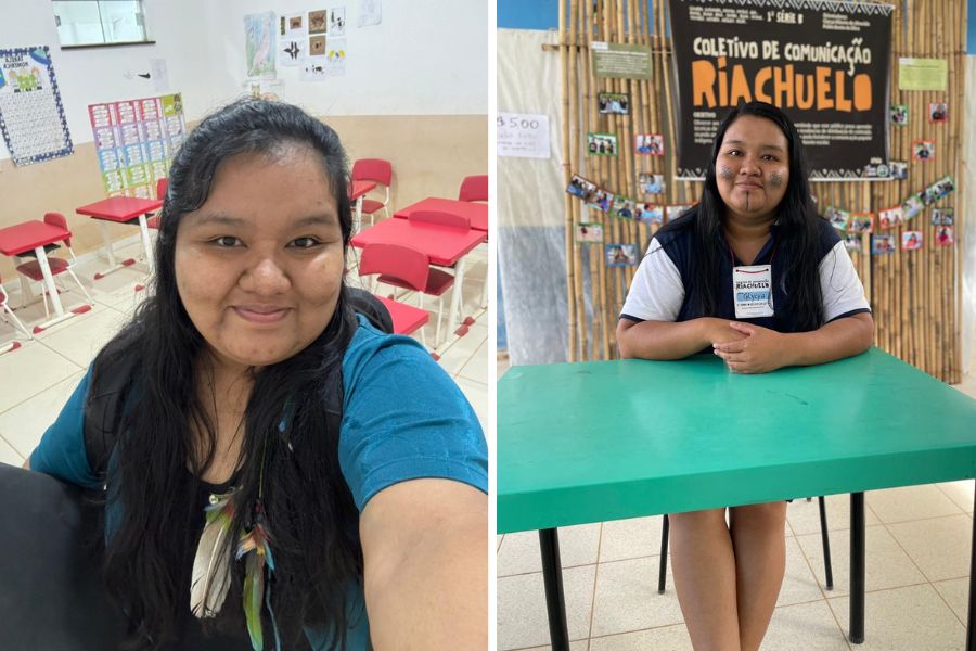 Duas fotos coloridas de Glycya Makuxi. Ela é uma indígena com cabelo preto, liso e longo. Na foto da esquerda, aparece ao fundo uma sala de aula. Na imagem da direita, ela está escorada em uma mesa verde e ao fundo aparece letreiro escrito "comunicação indígena) 