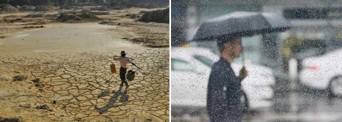 Duas fotos coloridas. Na esquerda, uma imagem de terra seca com uma pessoa carregando baldes. Na direita, uma pessoa segura guarda-chuva em meio a um temporal; el niño e la niña afetam regime de chuvas
