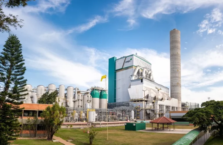Foto colorida de fábrica de celulose da CMPC em Guaíba no Rio Grande do Sul
