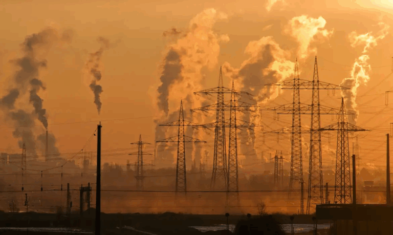 Foto colorida que mostra fumaça de usinas de combustíveis fósseis, principal causa do aquecimento global e da crise climática