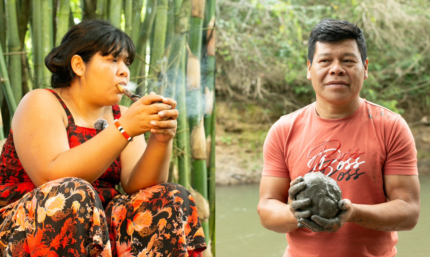 Duas fotos coloridas. Na foto da esquerda, aparece Juliana Kerexu, indígena com cabelo preto curto. Ela está sentada e segura um cachimbo. Na foto da direita, Vera Tupã é um homem indígena de cabelo curto preto, usa camisa vermelha e segura uma pedra