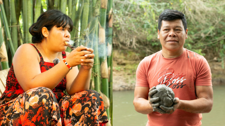 Duas fotos coloridas. Na foto da esquerda, aparece Juliana Kerexu, indígena com cabelo preto curto. Ela está sentada e segura um cachimbo. Na foto da direita, Vera Tupã é um homem indígena de cabelo curto preto, usa camisa vermelha e segura uma pedra