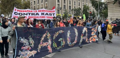 Foto colorida de pessoas em manifestações contra revogação de decretos ambientais no Chile. Em primeiro plano, pessoas seguram faixa escrito "Água"