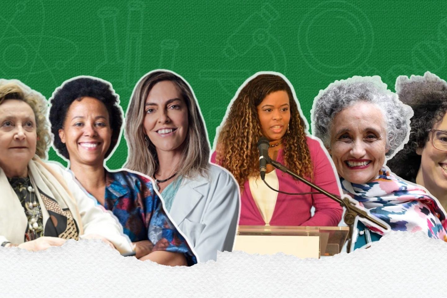 Montagem com retratos de seis cientistas brasileiras lado a lado sobre fundo verde, destacando mulheres que contribuem para avanços científicos no país.