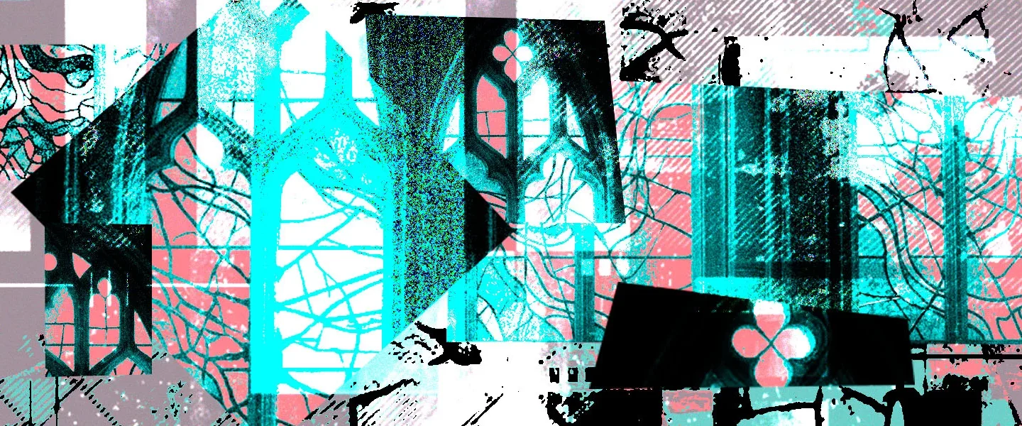 Arte colorida com ícones abstratos que remetem à religião, nas cores cinza, preto, rosa e azul neon