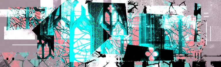 Arte colorida com ícones abstratos que remetem à religião, nas cores cinza, preto, rosa e azul neon