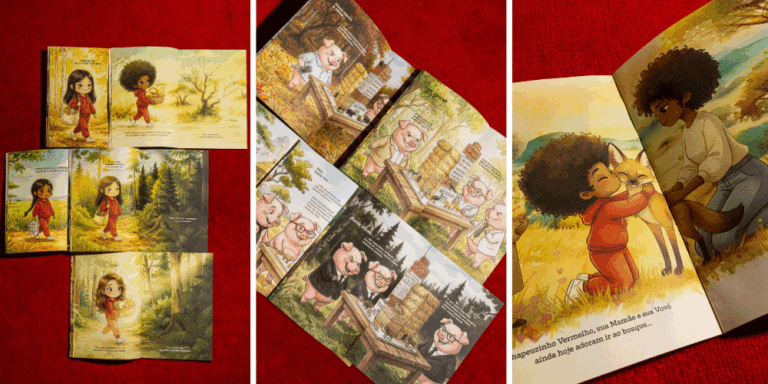 Três fotos coloridas, com livros abertos das Fábulas Verdes, com histórias da Chapeuzinho Vermelho e de Os Três Porquinhos