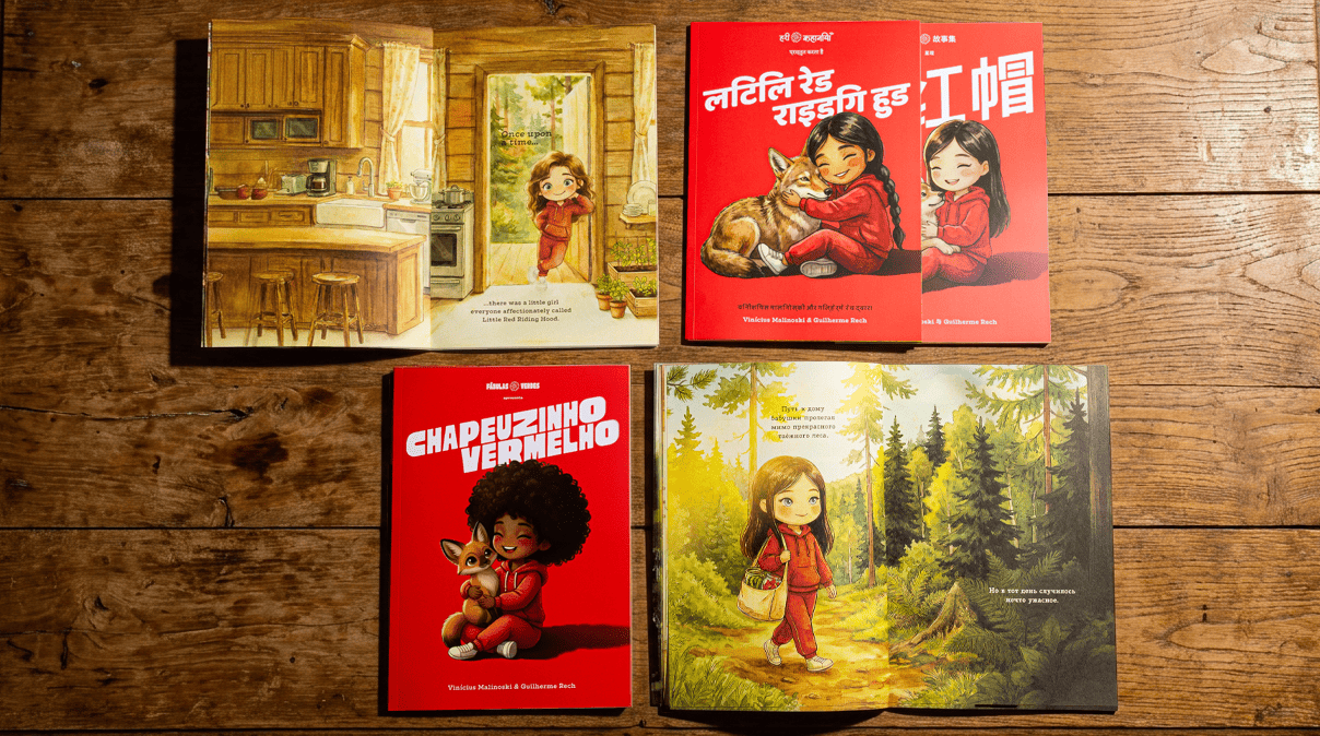 Foto com livros das Fábulas Verdes sobre mesa marrom. Na imagem, aparecem quatro livros da Chapeuzinho Vermelho, um aparece a capa, vermelha, com uma menina e um lobo e os outros abertos.