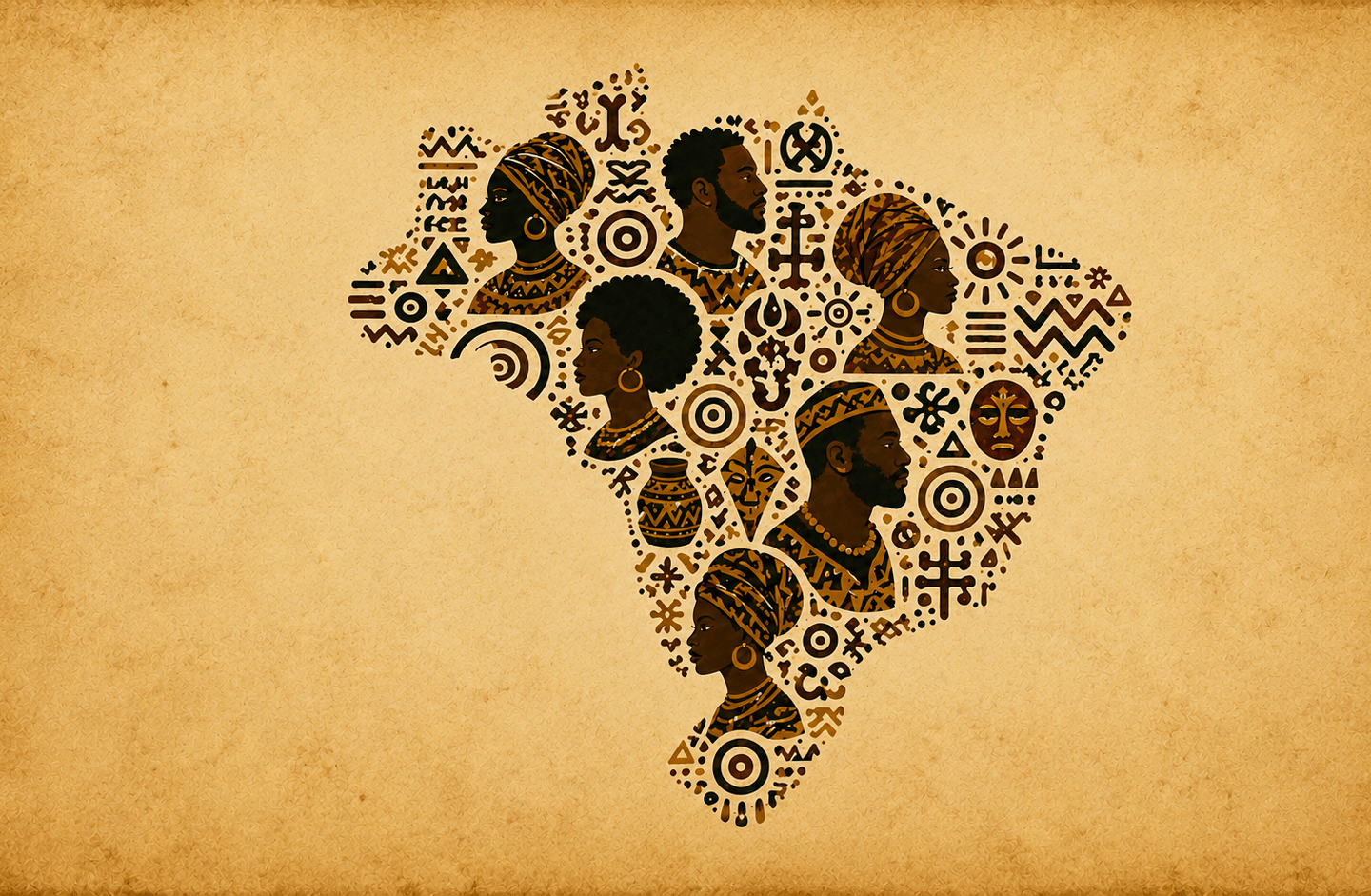 Ilustração colorida com fundo laranja e desenho do mapa do Brasil, preenchido com rostos de pessoas negras e grafismos. Podcast DNA Ancestral
