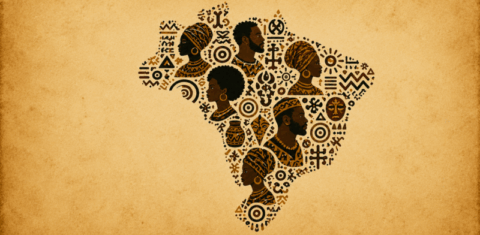 Ilustração colorida com fundo laranja e desenho do mapa do Brasil, preenchido com rostos de pessoas negras e grafismos. Podcast DNA Ancestral