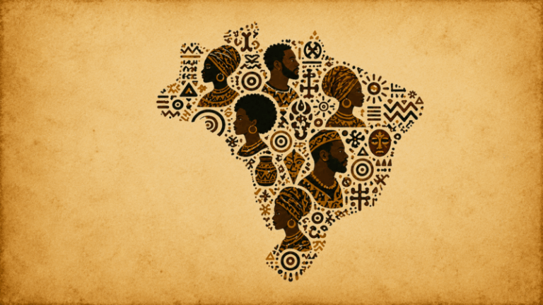 Ilustração colorida com fundo laranja e desenho do mapa do Brasil, preenchido com rostos de pessoas negras e grafismos. Podcast DNA Ancestral