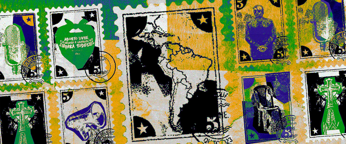 Ilustração colorida que mostra diferentes símbolos, como homem de costas, microfone, cruz e, no centro, um mapa da América Latina