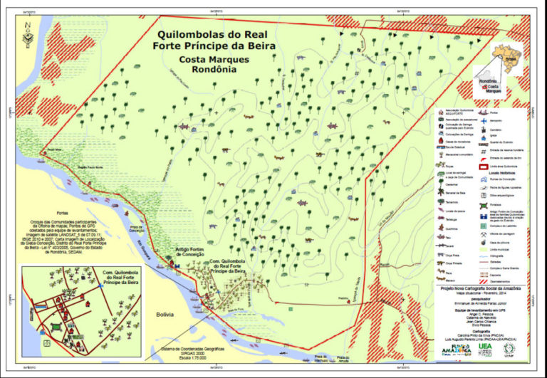 Mapa colorido da Comunidade do Forte Príncipe da Beira, com indicações de diferentes áreas e legenda