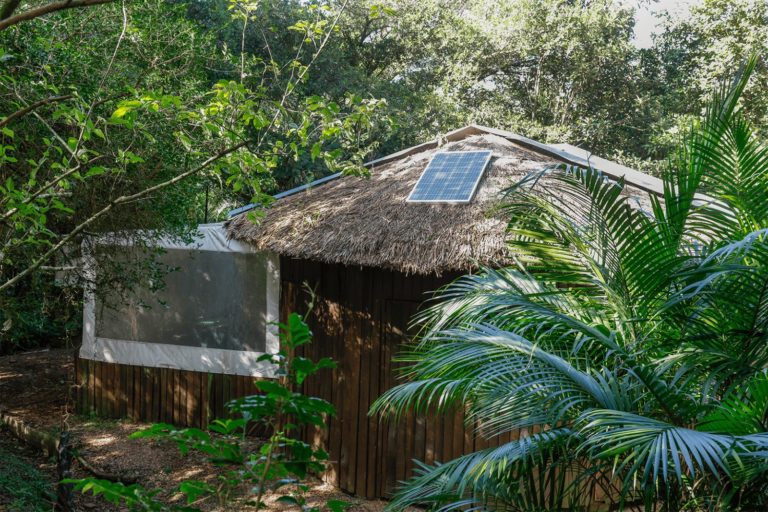 Foto colorida que mostra placa do sistema fotovoltaico instalado em viveiro da Teko’a Anhetenguá, na Lomba do Pinheiro, em Porto Alegre