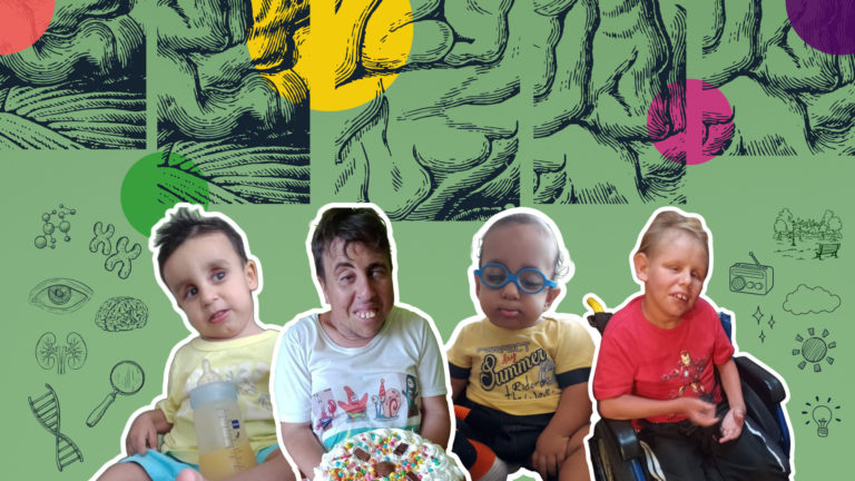 Arte colorida com fundo verde e com fotos de crianças com síndrome de lowe. O fundo possui detalhes que remetem a um cérebro humano. Nas fotos, aparecem, da esquerda para a direita: João Lucas, Quelvin, Nicolas Mariano e Murilo