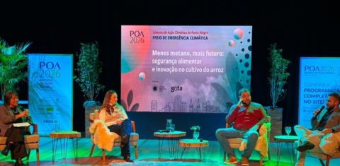 Maria Helena Martinho, Mara Grohs, Edivane Portela e Gabriel Quintana no painel: redução das emissões de metano sem perder produtividade no cultivo de arroz (Foto: Uma Gota no Oceano / Divulgação)