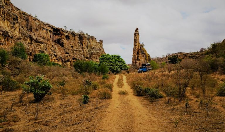 Foto colorida de vegetação do Raso da Catarina, em área árida da região do Vale submédio do Rio São Francisco, na Bahia. Na imagem, aparece a entrada de um cânion com vários arbustos pequenos, típicos da Caatinga