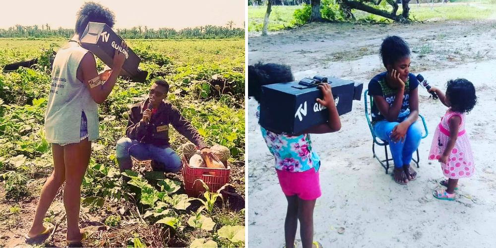 Duas fotos coloridas de pessoas com câmeras de papelão no Território Rampa. Na imagem da esquerda, aparecem dois jovens quilombolas, um deles está de pé e segura a câmera, enquanto o outro, Raimundo Quilombola, está agachado, com um microfone ao lado de uma cesta com verduras. Na imagem da direita, duas crianças aparecem, uma com a câmera e outro com um microfone apontado na direção de uma mulher sentada.