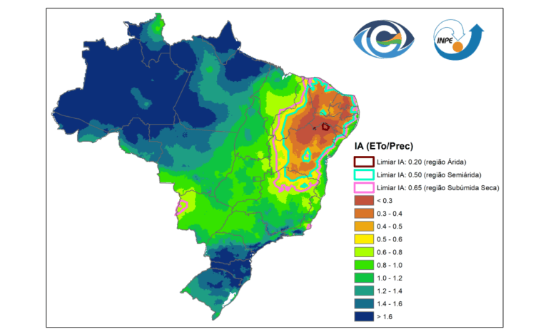 Gráfico colorido com o desenho do Brasil com cores que indicam o nível de clima entre árido e úmido, no mapa, a área do nordeste e da Caatinga aparece mais laranja e vermelha