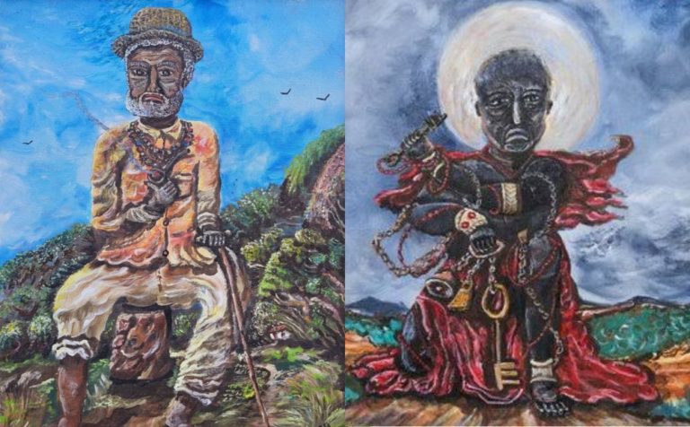 Duas pinturas de Zé Darci. Na esquerda, preto velho, um homem negro de chapéu, sentado à beira de uma estrada. Na direita, um bará, negro com vestes vermelhas
