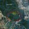 Mapa colorido identifica local, circulado em vermelho, onde seria instalada a Escola de Sargentos do Exército, dentro da APA Aldeia-Beberibe, em Pernambuco. Na imagem, aparecem também em azul as nascentes de água da região