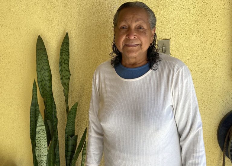 Laudaci Rocha dos Santos, 70 anos, com uma blusa branca em frente à uma parede amarela ao lado de uma planta popularmente chamada como espada de São Jorge.
