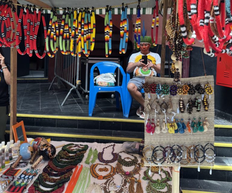 Foto colorida que mostra peças de artesanato e, ao fundo, sentado em uma cadeira, o indígena Pacary Pacaxo. Ele está usando o celular e um cocar e tem pinturas com tinta vermelha no rosto