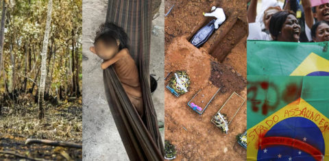 Quatro fotos coloridas. Na primeira imagem, árvore queimada, na segunda, criança deitada em rede com sinais de desnutrição; a terceira do enterro de víitmas de Covid-19 e a última de uma mulher negra com uma bandeira do Brasil manchada de sangue