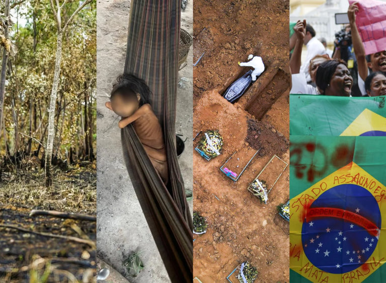Quatro fotos coloridas. Na primeira imagem, árvore queimada, na segunda, criança deitada em rede com sinais de desnutrição; a terceira do enterro de víitmas de Covid-19 e a última de uma mulher negra com uma bandeira do Brasil manchada de sangue