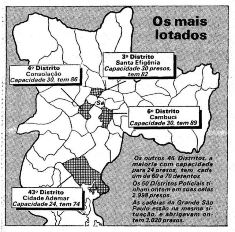  Infográfico de reportagem de 7 de fevereiro de 1989 aponta os distritos policiais mais lotados na capital paulista |(Foto: Reprodução / jornal O Estado de S. Paulo - edição de 07/02/1989)