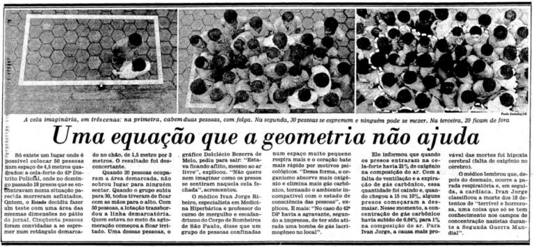 Reportagem do jornal O Estado de S. Paulo, publicada em 11 de fevereiro de 1989, simula superlotação em espaço demarcado | Foto: Reprodução / O Estado de S. Paulo - edição de 11/02/1989)