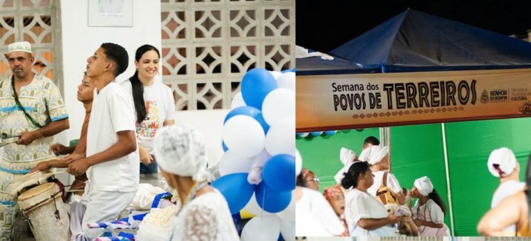 Duas fotos coloridas de pessoas durante a VII Semana dos Povos de Terreiro de Senhor do Bonfim, na Bahia. Nas imagens, é possível ver várias pessoas de branco e sorrindo