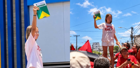 Duas fotos coloridas de uma menina branca loira, segurando um exemplar da Constituição do Brasil em manifestação de apoiadores de Lula