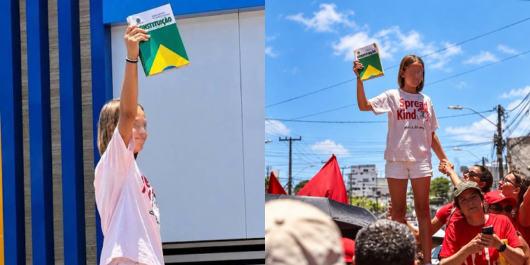 Duas fotos coloridas de uma menina branca loira, segurando um exemplar da Constituição do Brasil em manifestação de apoiadores de Lula