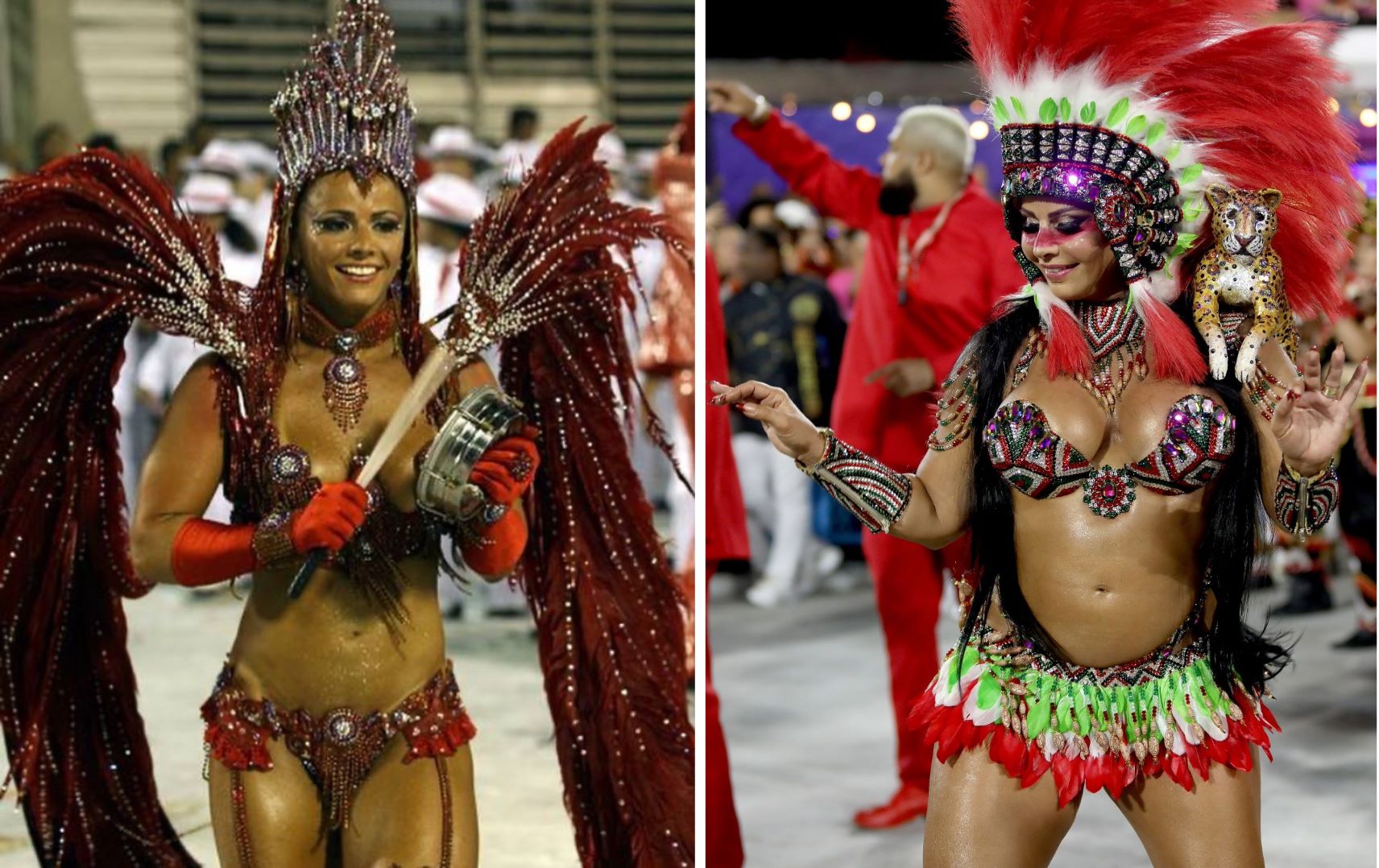 Viviane Araújo, com seu tamborim, na estreia como rainha de bateria no Salgueiro em 2008, e em 2022, desfilando grávida à frente da Furiosa (Fotos: Reprodução/Instagram e Douglas Shineidr/Riotur) 