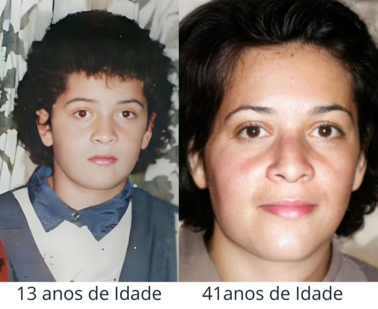 Fabiana ao desaparecer com 13 anos e imagem de como ela estaria três décadas depois: mãe vê polícia despreparada (Reprodução)
