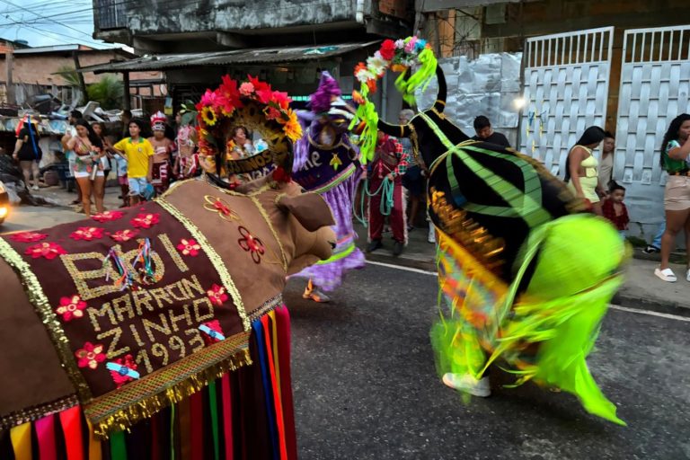 Boi Marronzinho nas ruas do bairro Terra Firme: Belém abriga centenas de bois juninos, que, para além da festa, reforçam cultura local e vida em comunidade (Foto: Bianca Portela)
