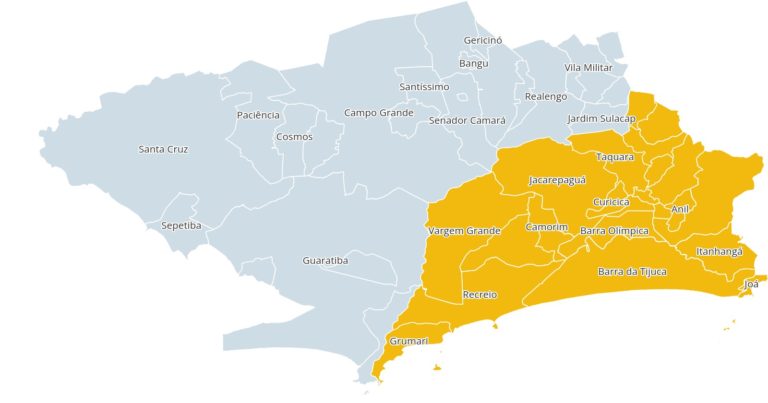 A nova Zona Sudoeste (em amarelo): área mais privilegiada em relação aos bairros mais pobres da vizinha Zona Oeste (Reprodução)