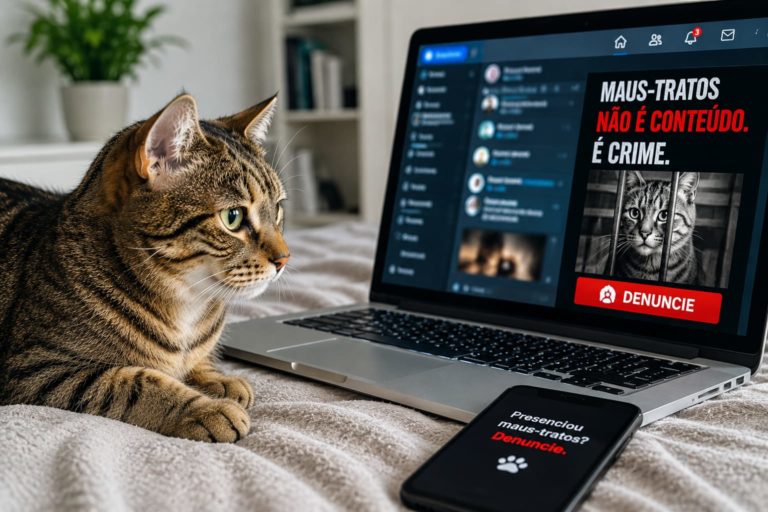 Foto colorida que mostra um gato no lado esquerdo da imagem, com um computador do lado direito. No computador, é possível ler a mensagem: "Maus-tratos não é conteúdo. É crime".